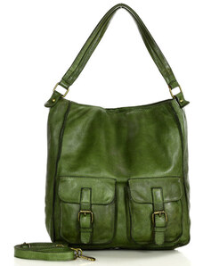 Kožená taška přes rameno s kapsami safari Kabelky od Hraběnky; zelená