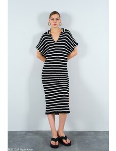Laluvia Black and cream Striped Polo Neck Slit Dress