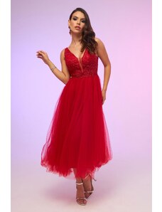Carmen Red Tulle Decollete Back Midi Promise Dress
