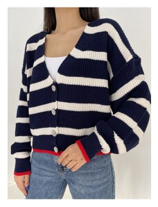 Laluvia Navy Blue Color Striped Cardigan with Stone Buttons
