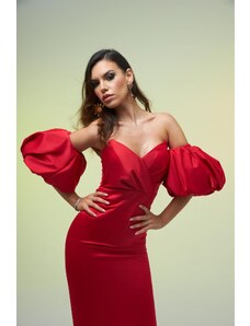 Carmen Red Satin Balloon Sleeve Short Evening Dress
