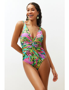 Trendyol Tropical Patterned Deep V Neck Knotted High Leg Regular Swimsuit