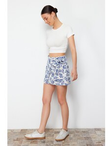 Trendyol Navy Blue Patterned Double Breasted Mini Length Woven Skirt with Tie Detail