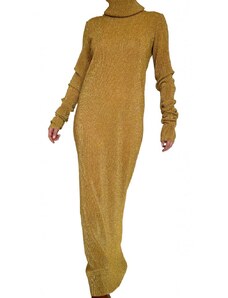 JK Klett Dlouhé plisované zlaté šaty s rolákem a extra dlouhými rukávy