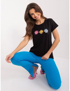 Fashionhunters Černé tričko s barevnou aplikací BASIC FEEL GOOD