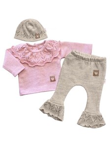 Baby Nellys Pletená soupravička s volánkem Heart, 3D, kabátek, kalhoty a čepička, růžová/béžová, 62
