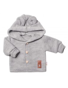 Baby Nellys Dětský elegantní pletený svetřík s knoflíčky a kapucí s oušky Baby Nellys, šedý, vel. 74