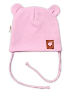 Baby Nellys Bavlněná dvouvrstvá čepice s oušky na zavazování TEDDY - růžová, Baby Nellys