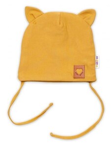 Baby Nellys Baby Nellys Bavlněná dvouvrstvá čepice s oušky na zavazování FOX - hořčicová, vel. 68/74