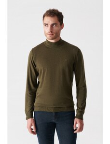 Avva Khaki Unisex Knitwear Sweater Half Turtleneck Non Pilling Regular Fit