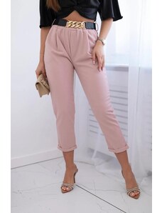 MladaModa Tříčtvrteční viskózové kalhoty s ozdobným páskem model IT-21 pudrově růžové