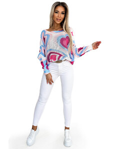 Oversize svetr s růžovými a modrými srdíčky Numoco - bílý