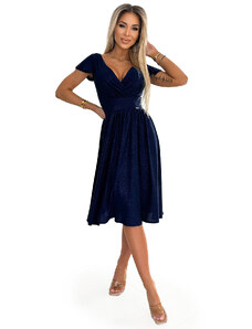 numoco MATILDE - Tmavě modré dámské šaty s brokátem, výstřihem a krátkými rukávy 425-8
