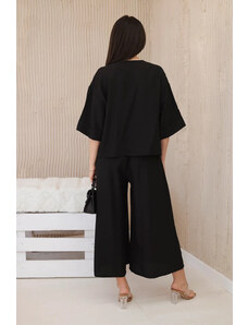 K-Fashion Viskózový komplet halenka + kalhoty se širokými nohavicemi černý