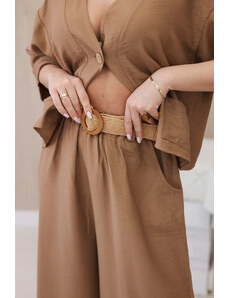 K-Fashion Viskózový komplet halenka + kalhoty se širokými nohavicemi Velbloud