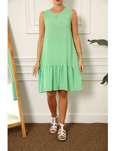 armonika Women's Light Green Linen Look Textured Sleeveless Frilly Skirt Dress