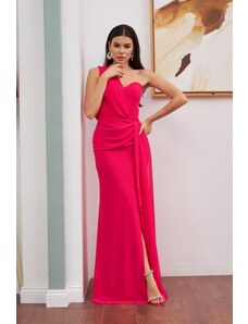 Carmen Fuchsia Chiffon One-Shoulder Slit Long Evening Dress