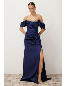 Trendyol Navy Blue Low Sleeve Stone Accessory Detail Long Woven Elegant Evening Dress