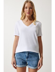 Happiness İstanbul Women's White V Neck Modal Knitted T-Shirt