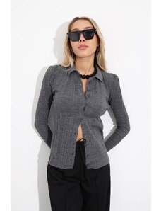 Laluvia Anthracite Polo Collar Buttoned Knitted Cardigan