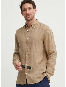 Lněná košile Tommy Hilfiger béžová barva, regular, s límečkem button-down, MW0MW34602