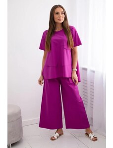 MladaModa Elegantní souprava halenky a širokých kalhot model 6845P fialová