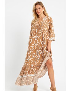 Cool & Sexy Women's Patterned Loose Maxi Dress Camel Q981