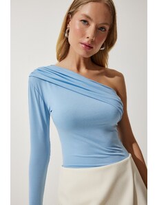 Happiness İstanbul Women's Sky Blue One-Shoulder Gathered Detailed Knitted Blouse