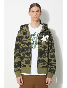 Bavlněná mikina A Bathing Ape 1St Camo Full Zip Hoodie pánská, zelená barva, s kapucí, vzorovaná, 1J80115001