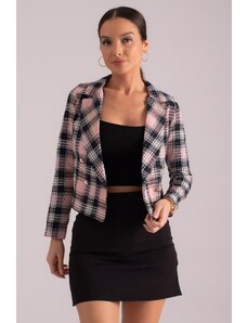 armonika Women's Pink Double Breasted Collar Tweed Crop Jacket