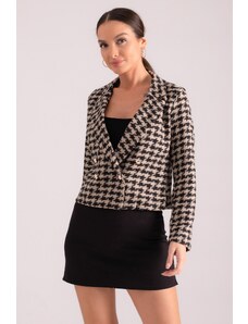 armonika Women's Dark Mink Double Breasted Collar Tweed Crop Jacket