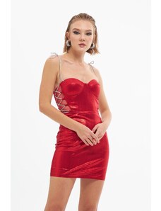 Carmen Red Shiny Knitted Stone Laced Short Evening Dress