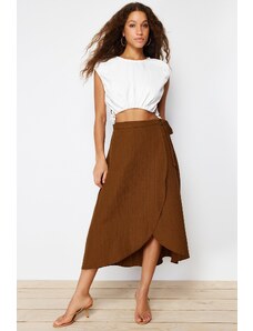 Trendyol Camel Double Breasted Closure Tie Detailed Midi Woven Skirt