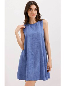 Bigdart 2444 Detailed Mini Linen Dress - Blue