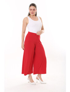 Şans Women's Plus Size Red Wide Leg Elastic Waist Sandy Fabric Trousers 65N37443