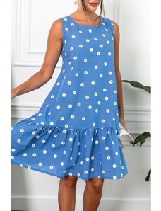 armonika Women's Blue Daisy Pattern Sleeveless Frilly Skirt Dress
