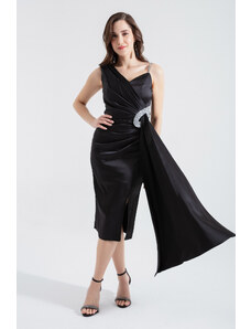 Lafaba Women's Black One Shoulder Jewelled Midi Evening Dress