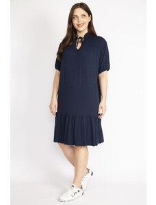 Şans Women's Navy Blue Plus Size V Neck Robe Gathered Tiered Hem Dress