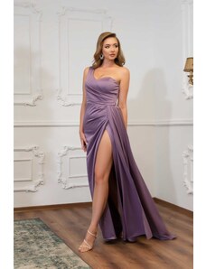 Carmen One-Shoulder Lavender Satin Long Evening Dress with a Slit