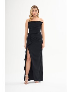 Carmen Black Stone Printed Slit Crepe Evening Dress