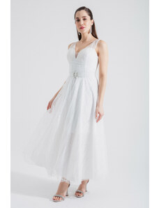 Lafaba Women's White V-Neck Glitter Midi Evening Dress