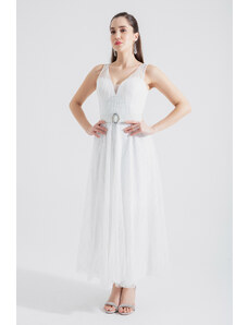 Lafaba Women's White V-Neck Glitter Midi Evening Dress