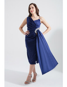 Lafaba Women's Navy Blue One Shoulder Jewelled Midi Evening Dress