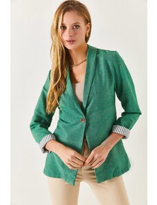 armonika Women's Dark Green Inner Sleeve Striped Single Button Jacket