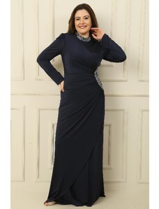 By Saygı Jewelled Collar and Side Lined Gathered Crystal Long Plus Size Hijab Dress