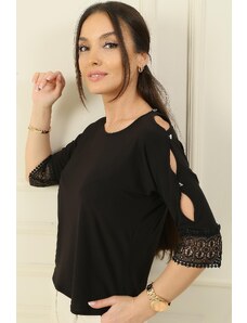 By Saygı Lycra Blouse with Low-cut Sleeves and Laced Ends