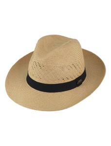 Fiebig Letní slaměný klobouk Fedora - ručně pletený - koňak s černou stuhou - Ekvádorská panama