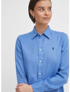 Lněná košile Polo Ralph Lauren tyrkysová barva, regular, s klasickým límcem, 211920516