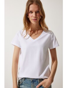 Happiness İstanbul Women's White V Neck Basic Knitted T-Shirt