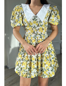Laluvia Yellow Baby Neck Floral Balloon Dress